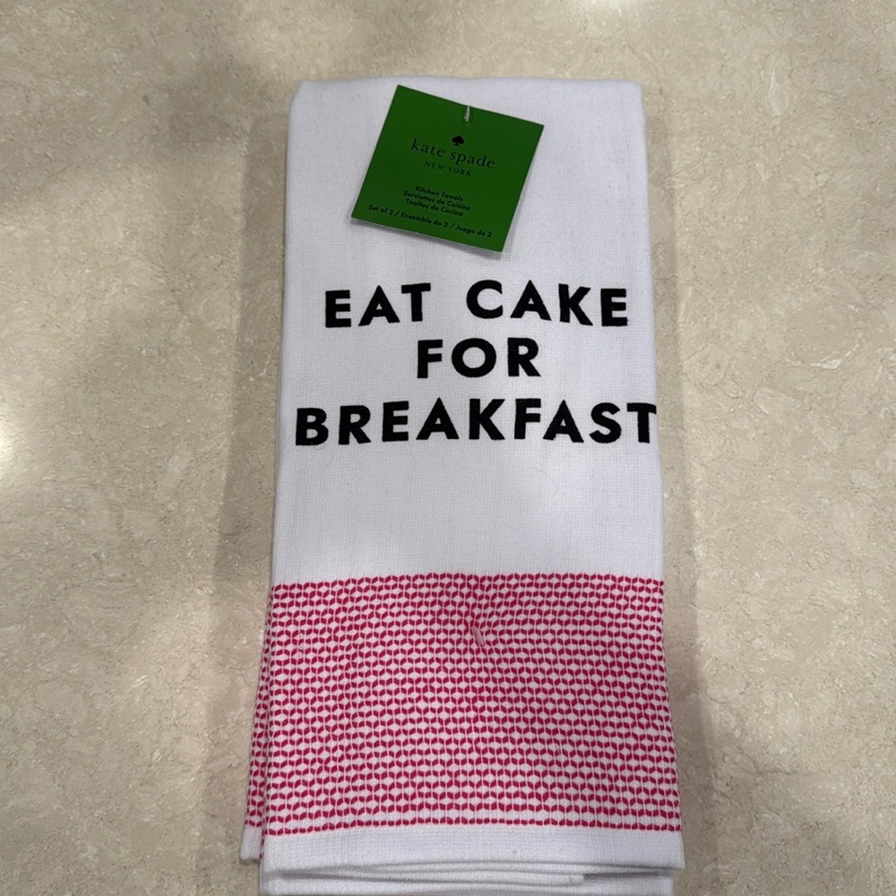 Kate Spade two kitchen towels eat cake for breakfast.